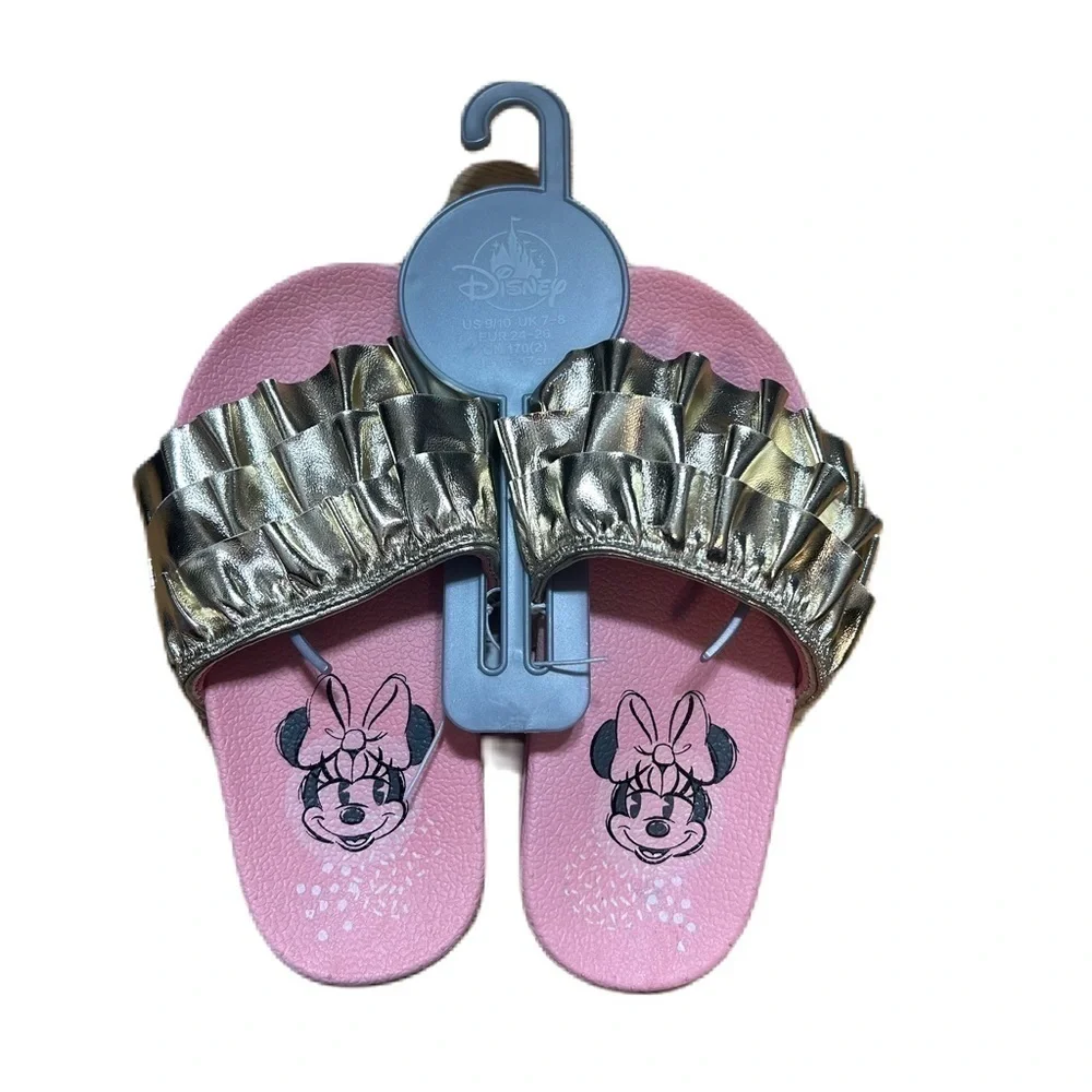 Disney Minnie Mouse Slide Sandals NWT Sz 9/10 Pink Gold Flip Flops Shoes Kids